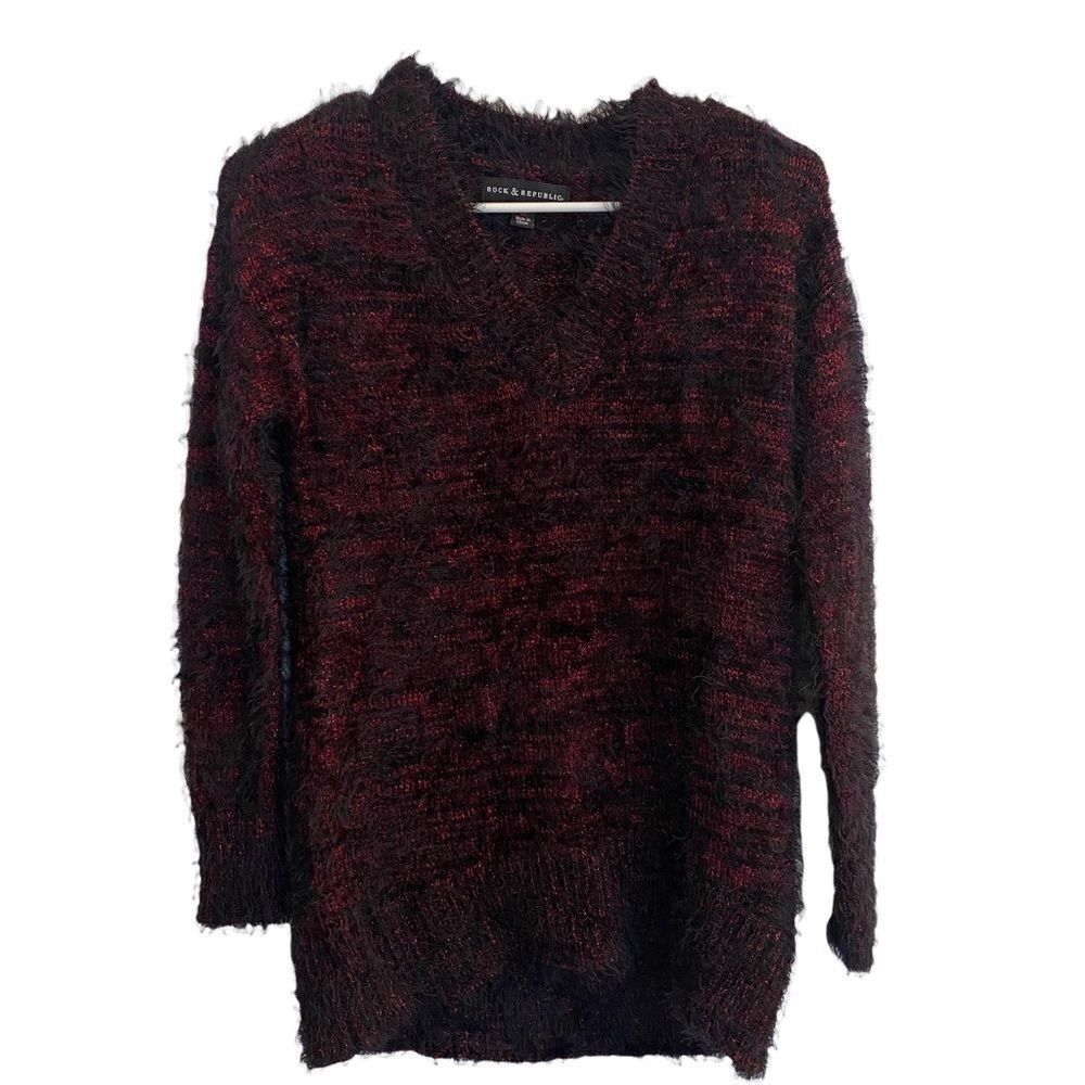 Rock & Republic Fuzzy‎ Black/Red Sweater Sz M